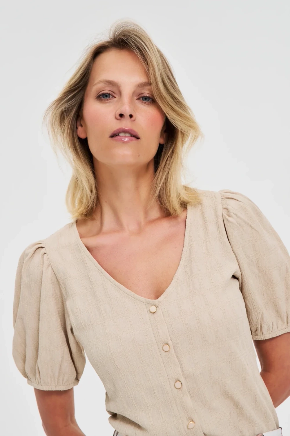 Marisse Beige Blouse With Puffed Sleeves