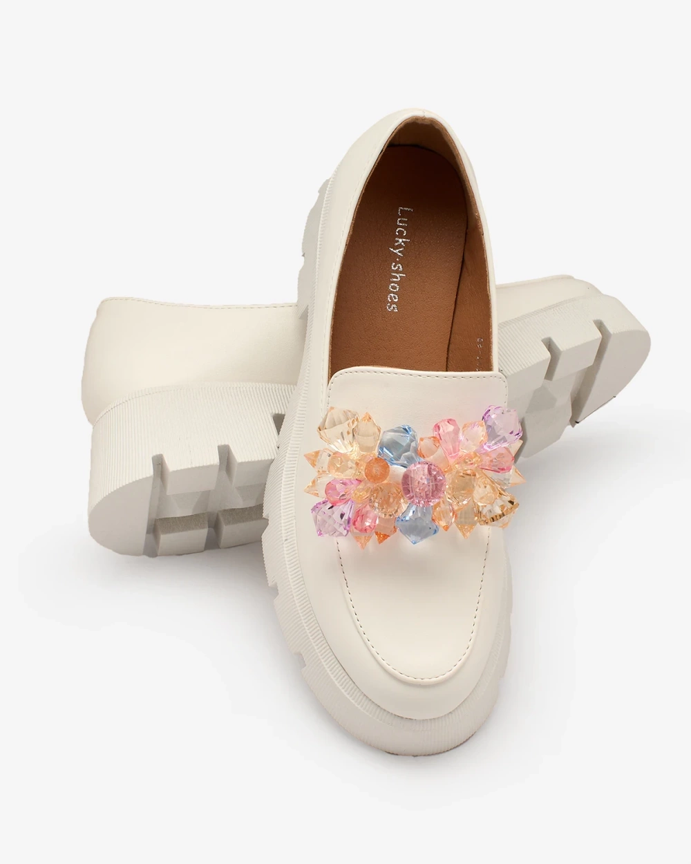 Resti White women&#039;s moccasins with colorful crystals Crystal Glam