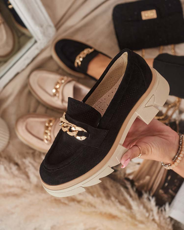 Resti Eco-suede moccasins with gold embellishment in black Zaffix- Footwear