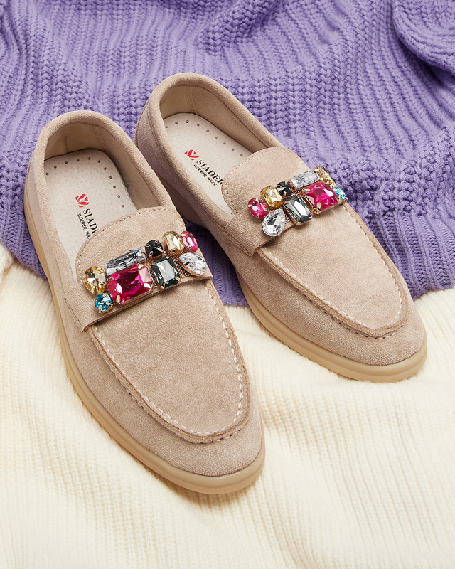 Resti Eco suede light brown women's moccasins with decorative crystals Nellens- Footwear