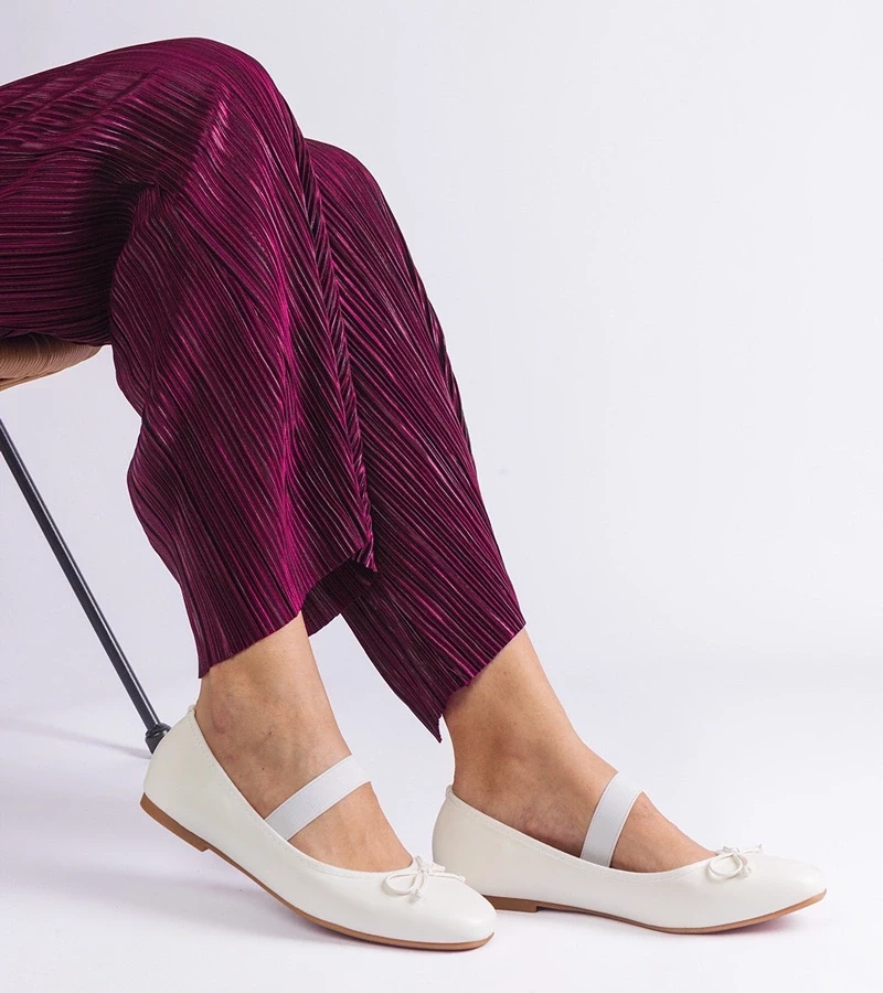 Gemre Balerini albi cu elastic și fundă decorativă Newton