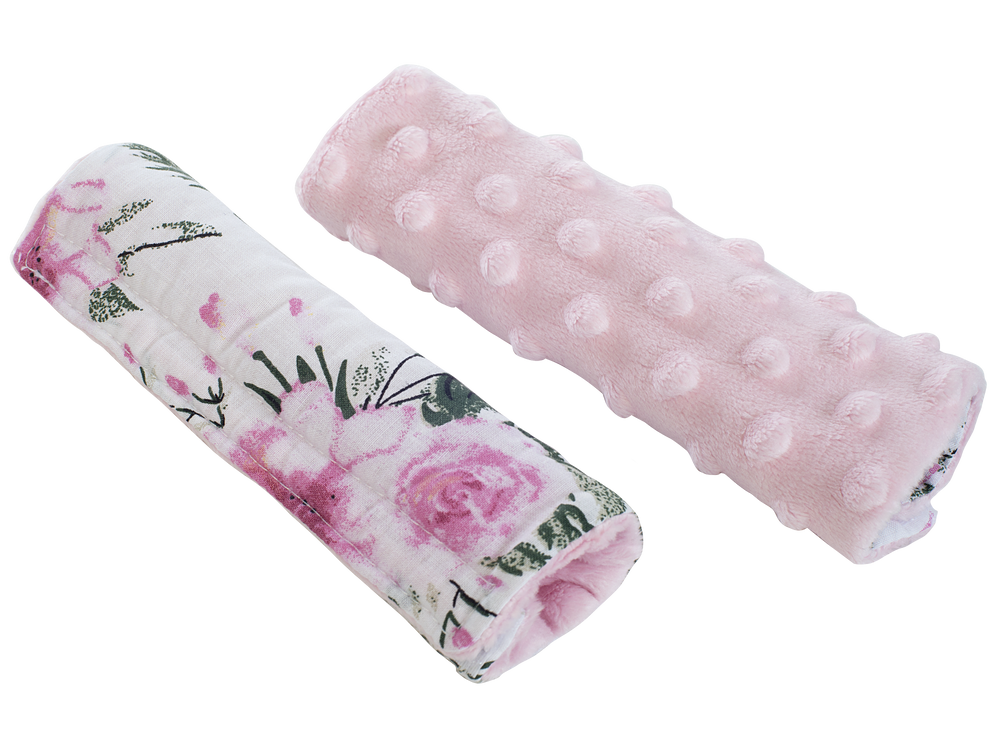Medi Partners Stroller belt protectors (2 pcs.) cotton + minky – Flowers + pink minky