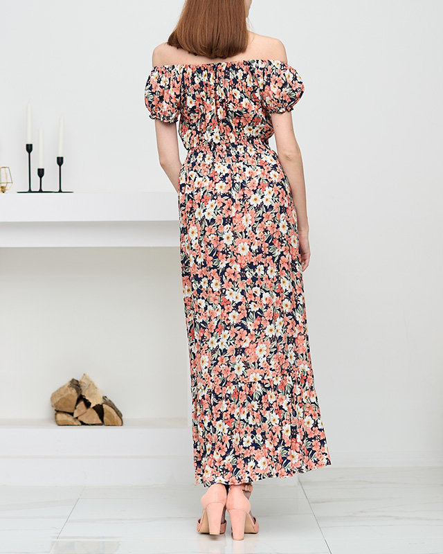 Resti Long navy blue women's dress with coral flowers - Clothing
