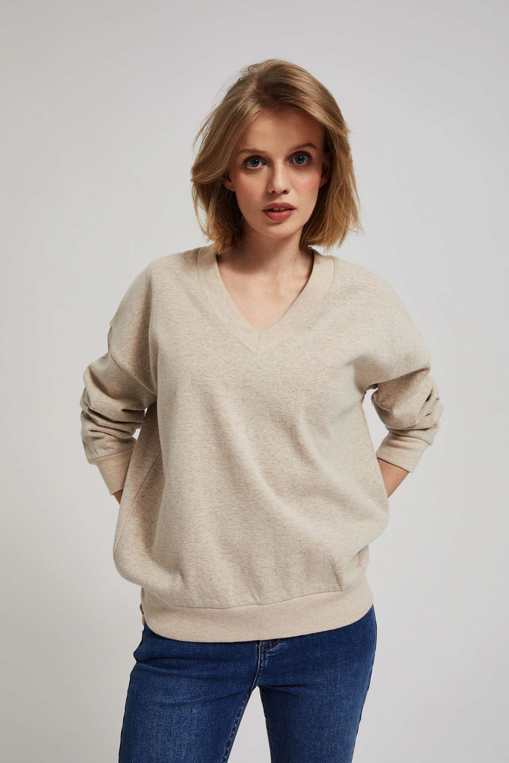 Marisse Sand V-Neck Sweatshirt