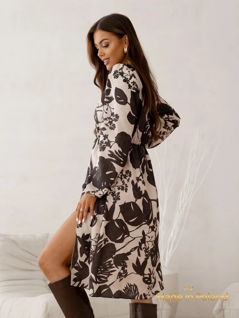 Resti Melania Botanica Dress – brown midi with long sleeves, decorative pattern