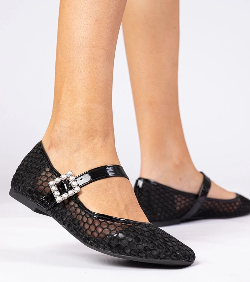 marka niezdefiniowana Black mesh women's ballet flats with buckle and crystals Sandrino