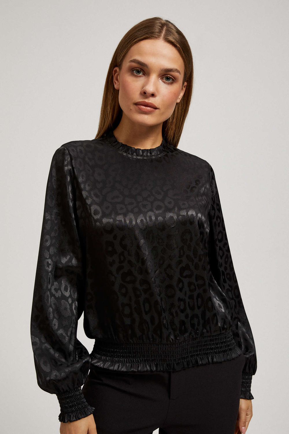 Marisse Black Puff Sleeve Animal Print Shirt