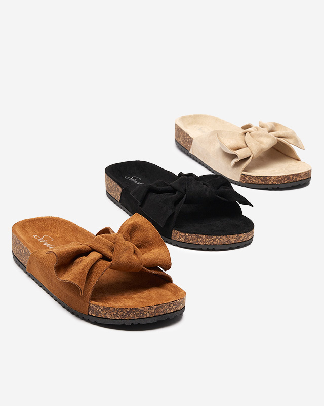 Dámske eko-semišové šľapky s mašľou v camel farbe