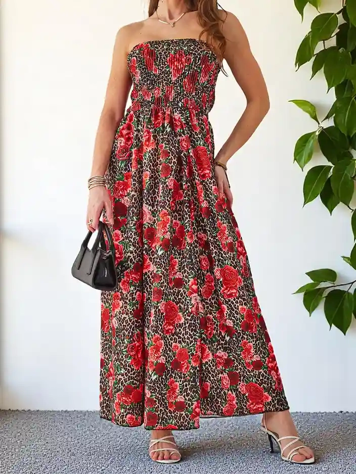Resti Patterned women's midi dress without sleeves with a wide elastic band and slits at the bottom