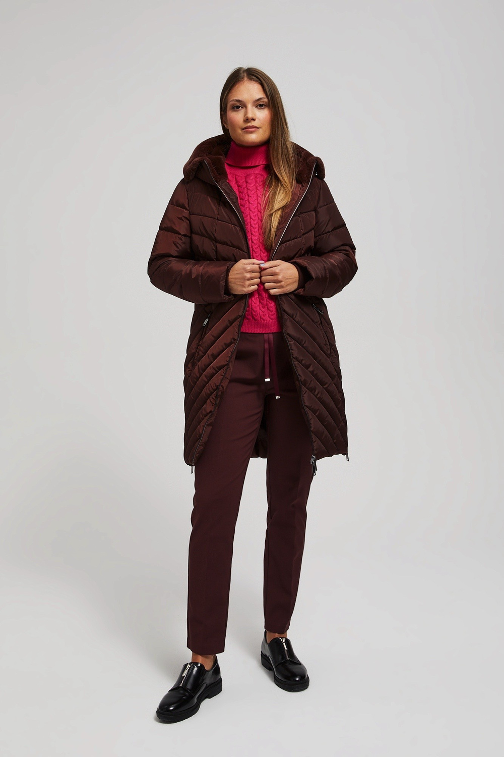 Marisse Long Quilted Jacket With Hood, Brown