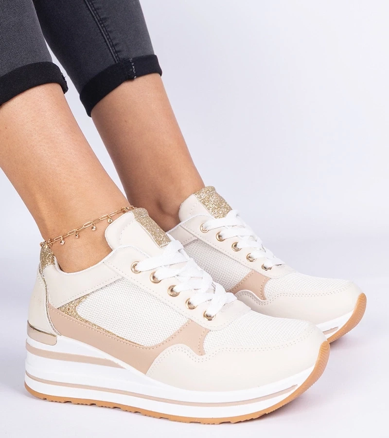 Gemre Adidași bej decorați cu sclipici și inserție metalică Olaria