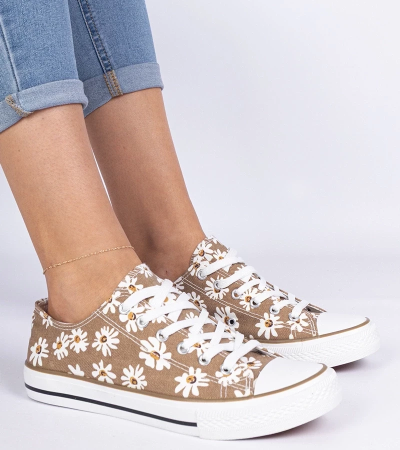 Gemre Teniși maro de damă din material cu floricele Lazates