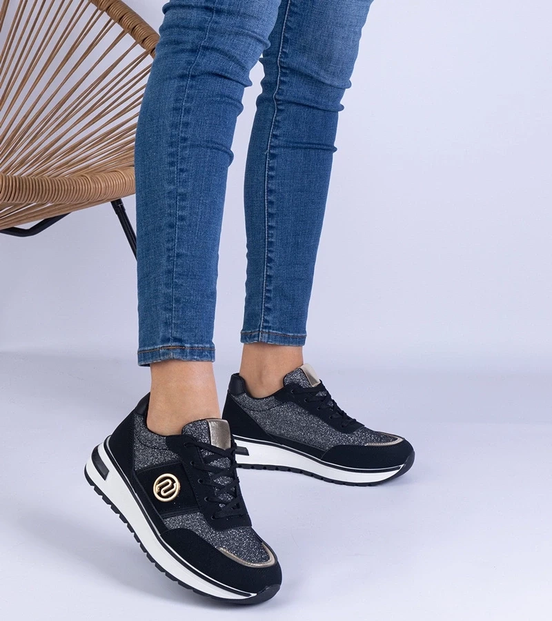 marka niezdefiniowana Black glitter sneakers with a gold embellishment Nadina