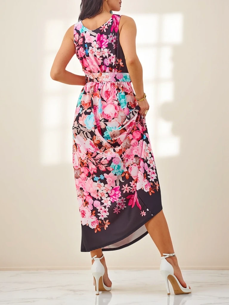 Resti Women's midi dress made of viscose, with straps and a belt in various floral patterns