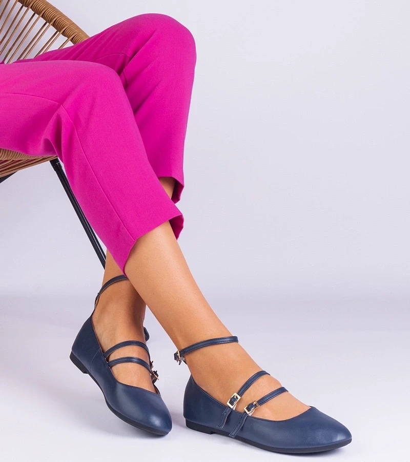 marka niezdefiniowana Navy blue eco-leather ballet flats with buckles Vitoldora