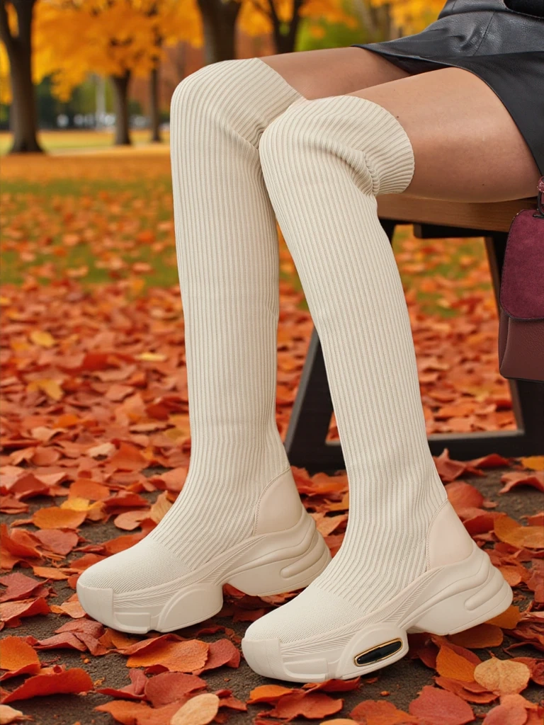 Dámske dlhé slip-on čižmy na hrubej podrážke
