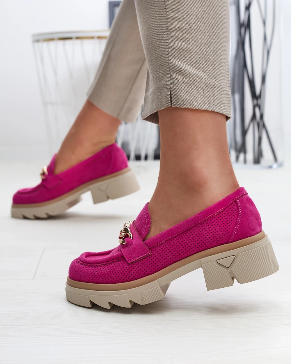 Resti Eco-suede moccasins with gold embellishment in fuchsia Zaffix