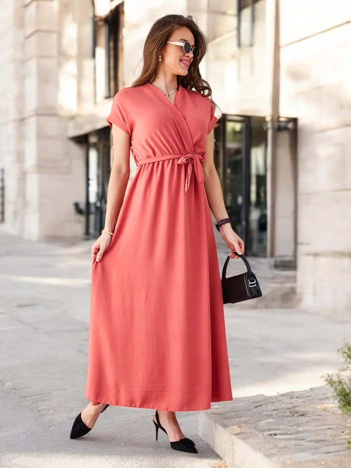 Resti Women's midi dress with a wrap neckline, short sleeves, and a belt