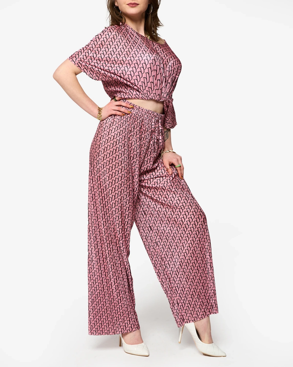 Resti Dark pink women's patterned pleated set - Clothing