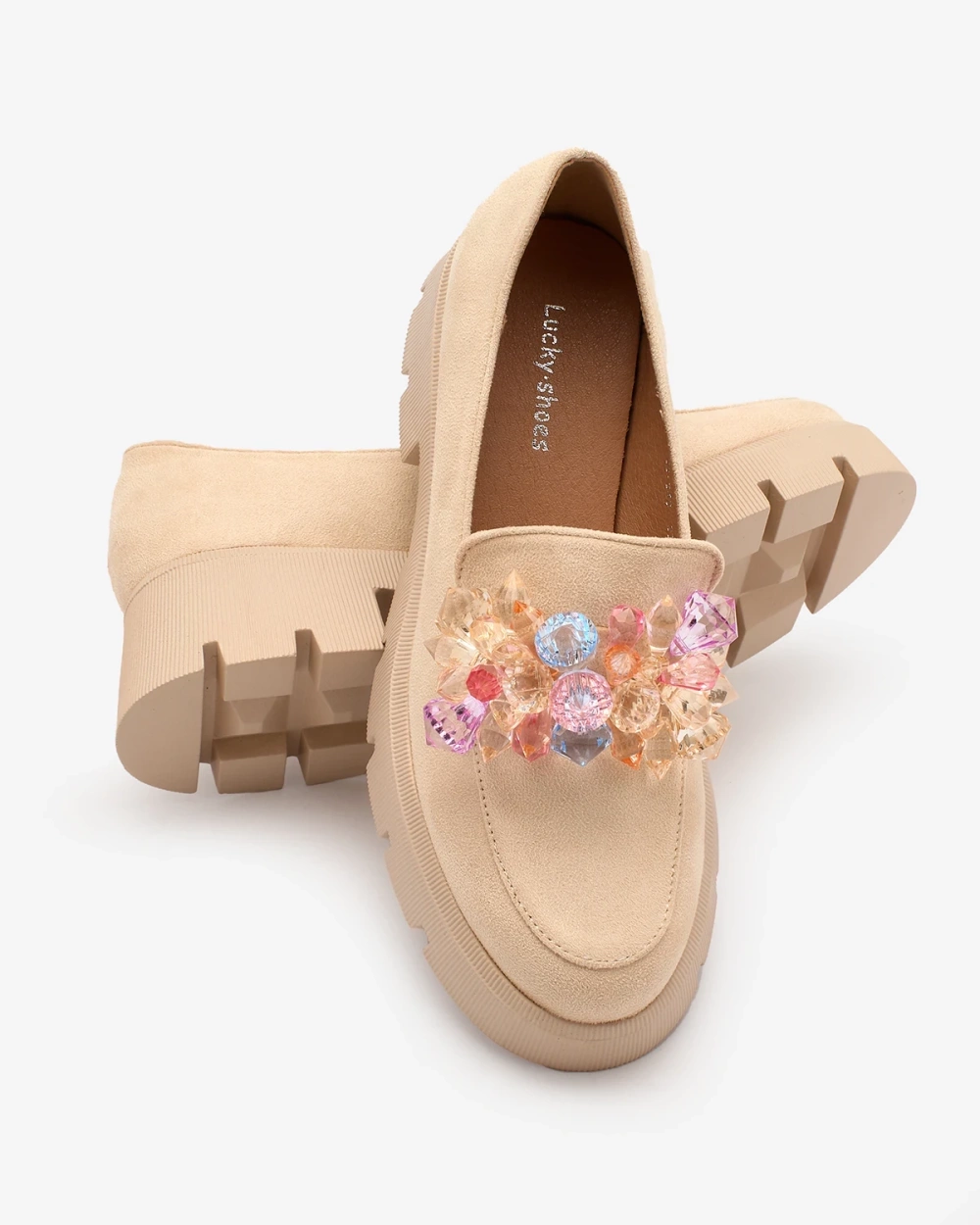 Resti Beige women&#039;s moccasins with colorful crystals Crystal Glam