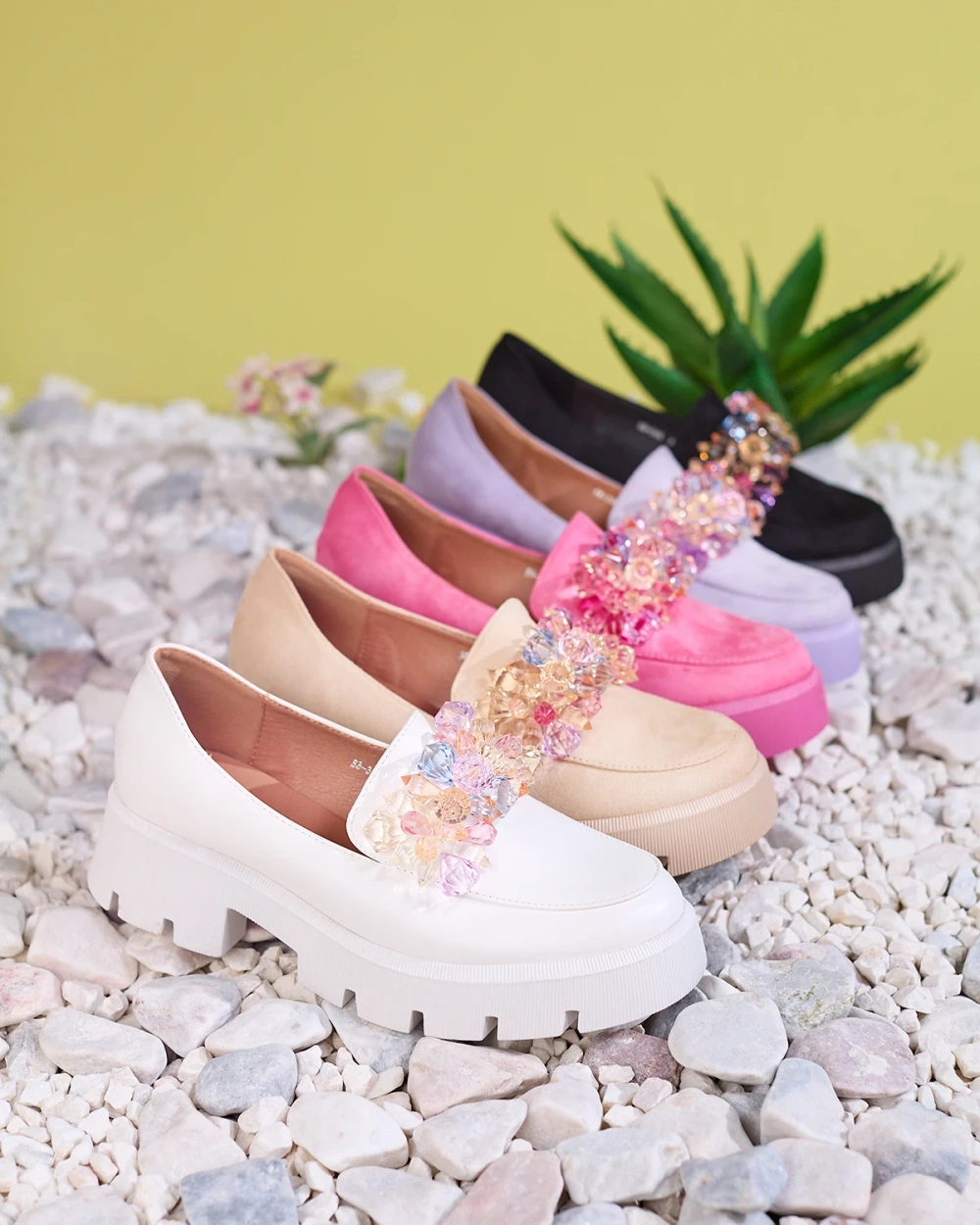 Resti Beige women&#039;s moccasins with colorful crystals Crystal Glam