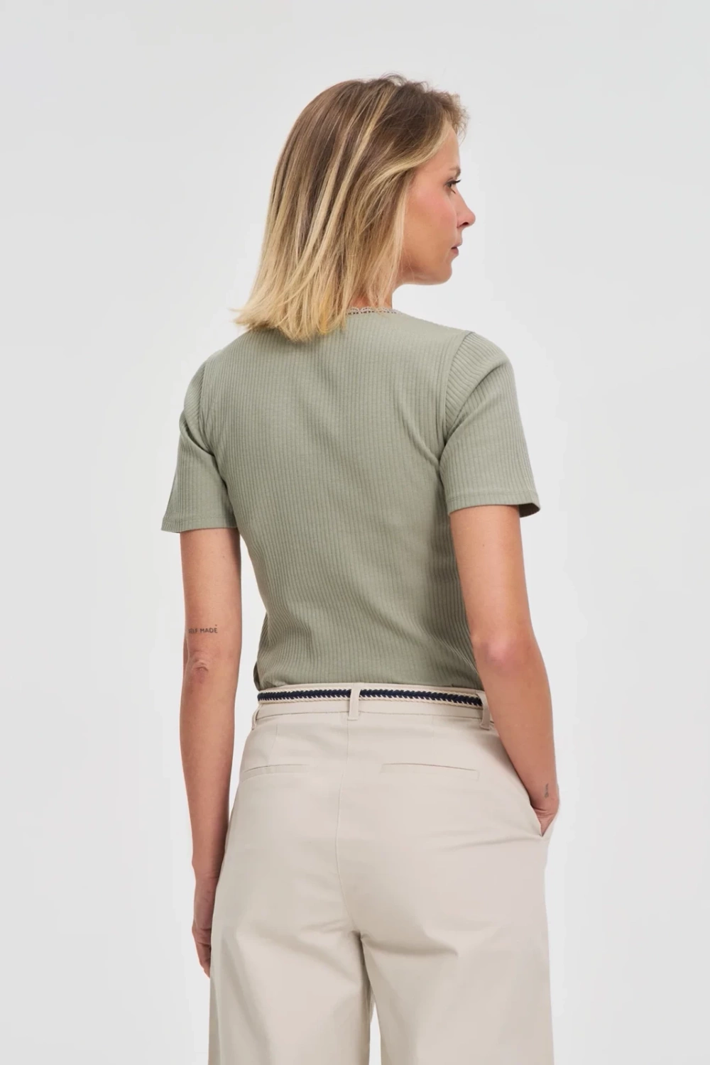 Marisse Olive Blouse With Lace Neckline