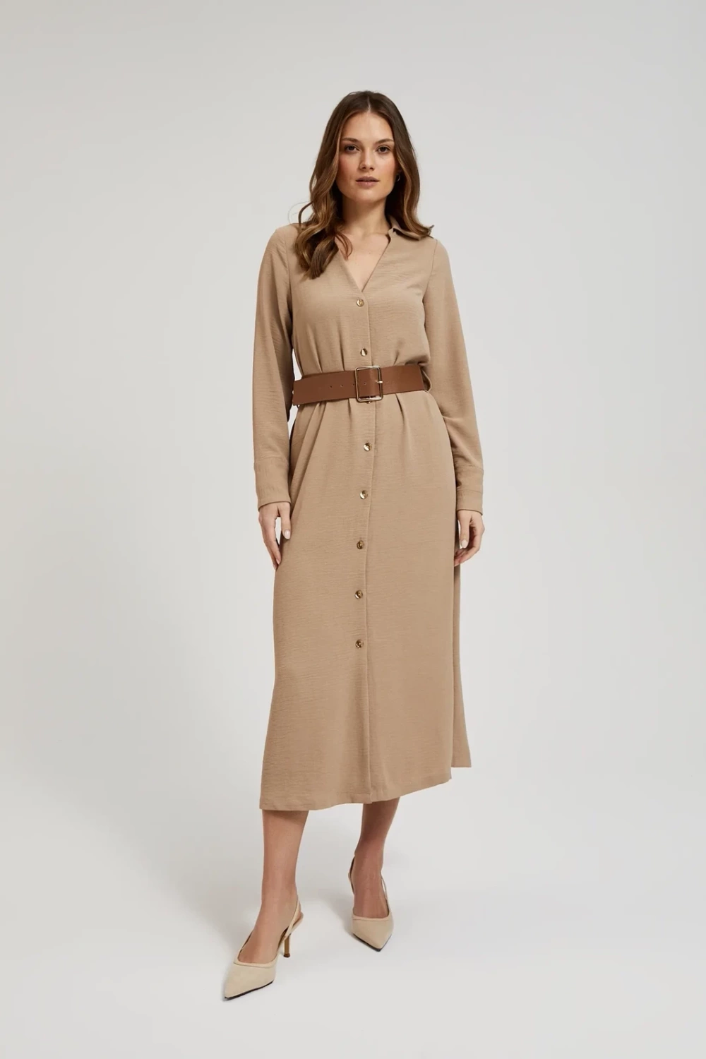 Marisse Beige Midi Dress With A Wide Belt