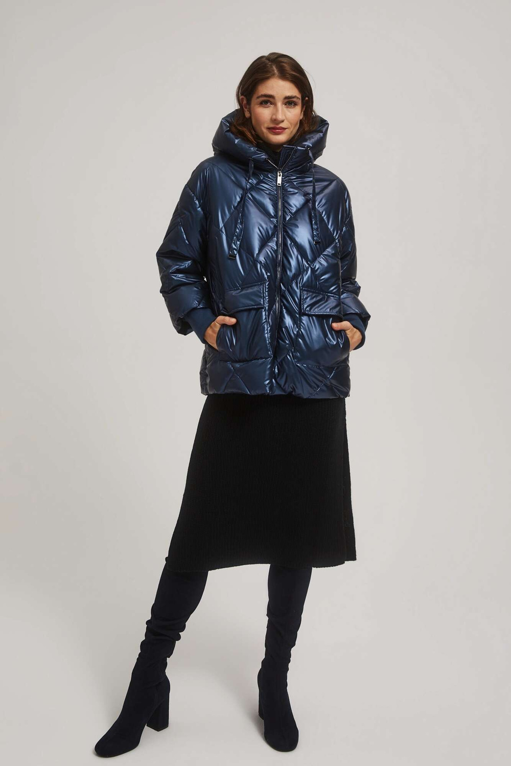 Marisse Navy Blue Metallic Quilted Jacket