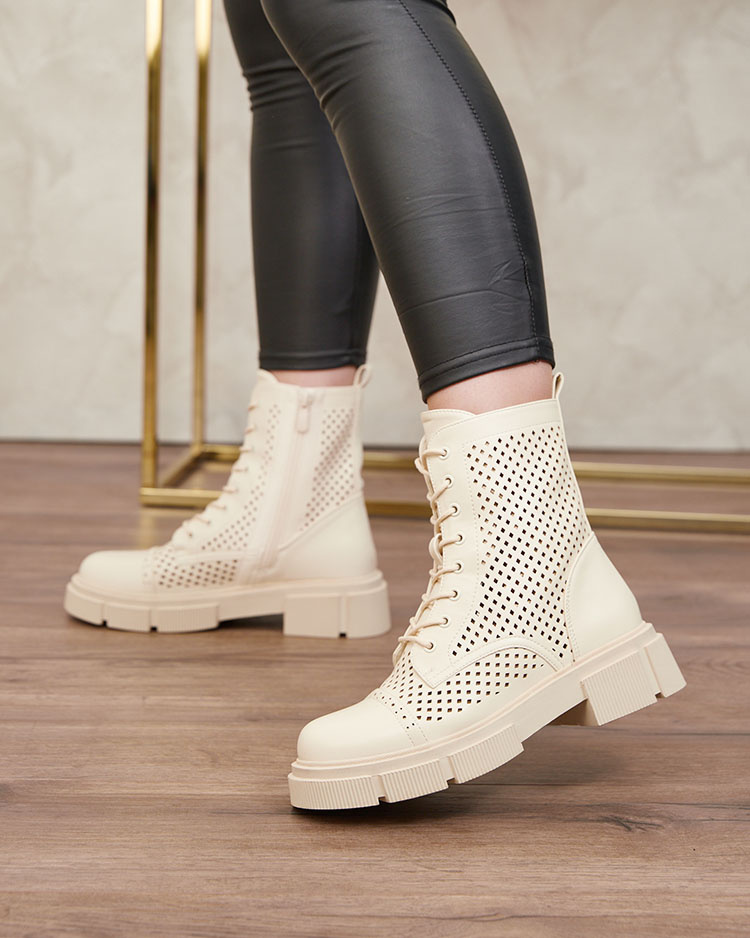 Resti Openwork beige women&#039;s boots with flat heels Rolika - Footwear