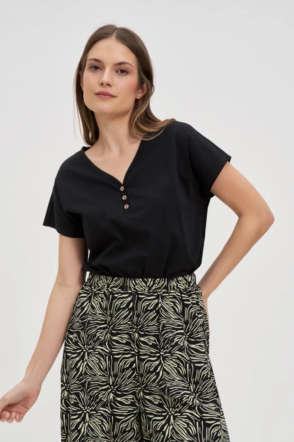 Marisse Black Cotton Button-Up Blouse