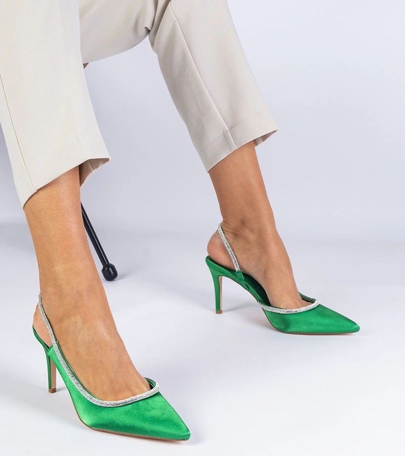 Gemre Pantofi verzi din satin cu toc, cu pietre strălucitoare și călcâi deschis Mrozzi