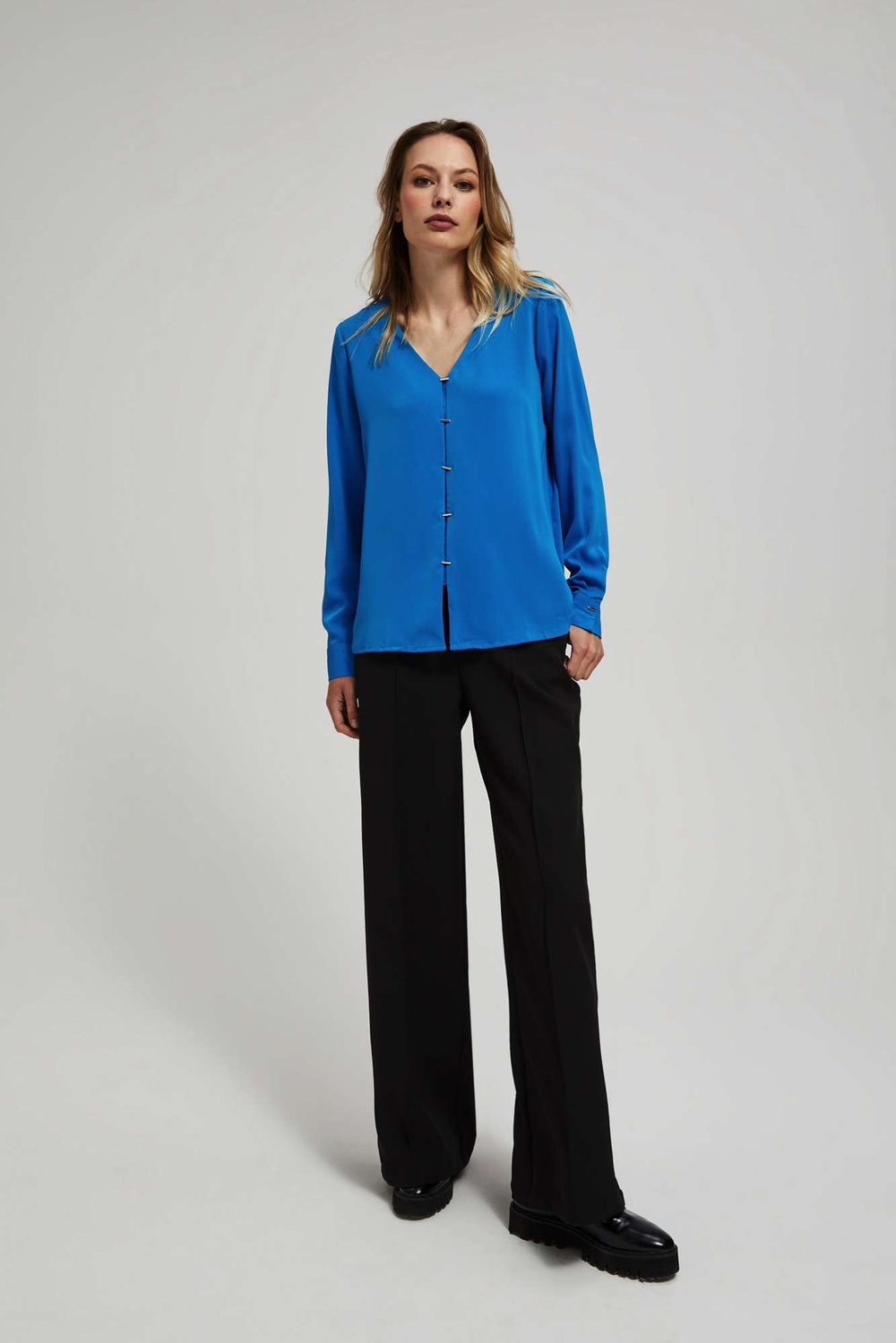 Marisse Azure V-Neck Shirt With Delicate Buttons