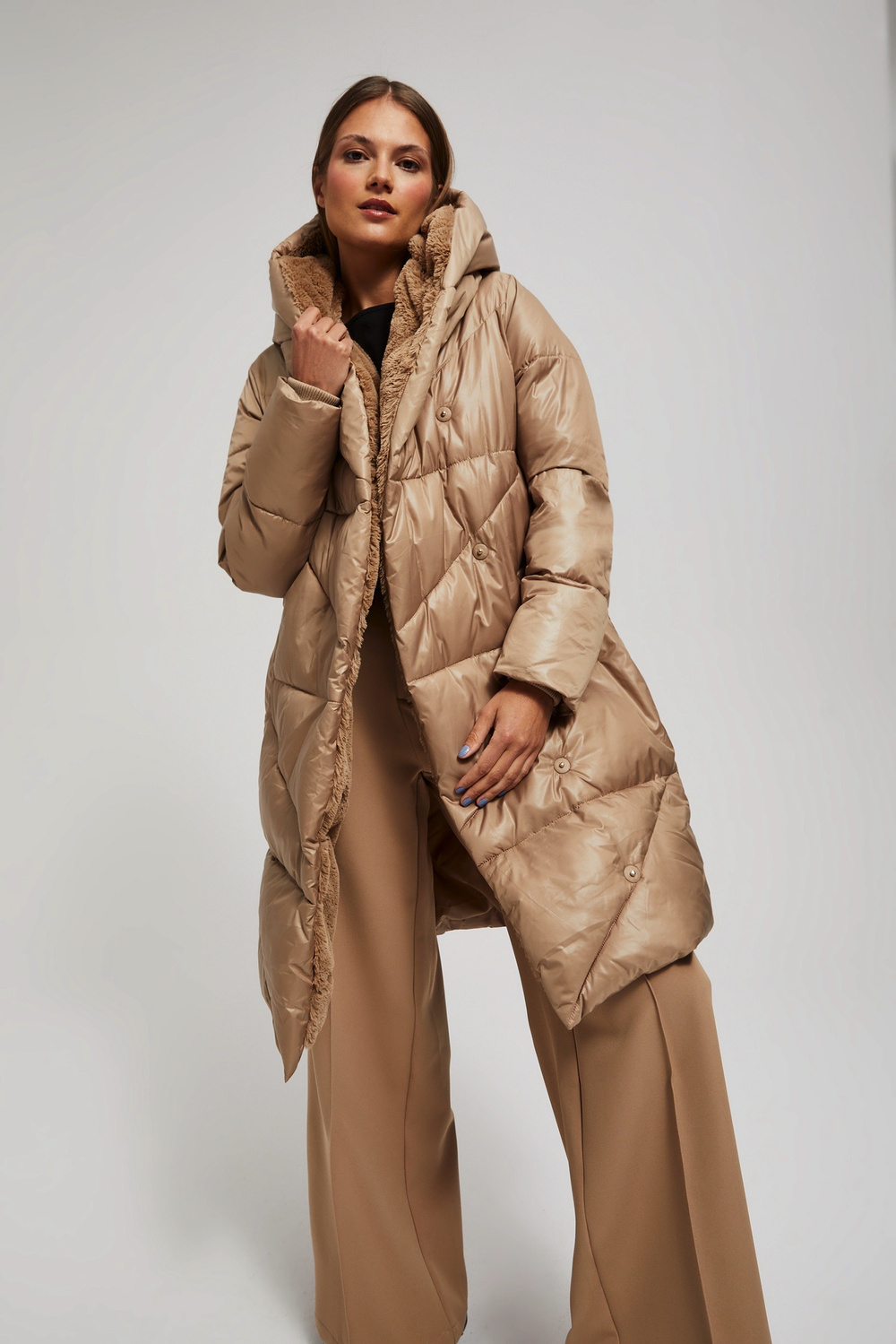 Marisse Long Dark Beige Hooded Jacket