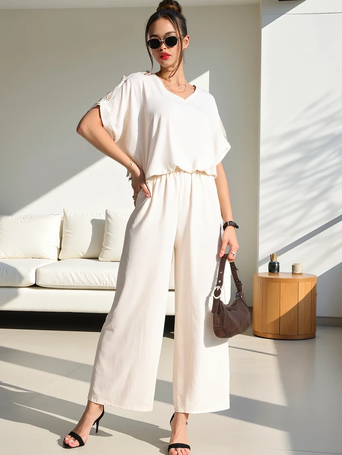 Resti Women's casual set with a short sleeve blouse and wide pants