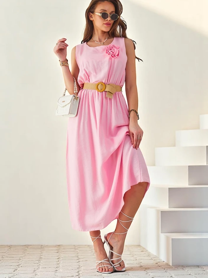 Resti Women's midi dress with straps, featuring a round neckline with a decorative flower