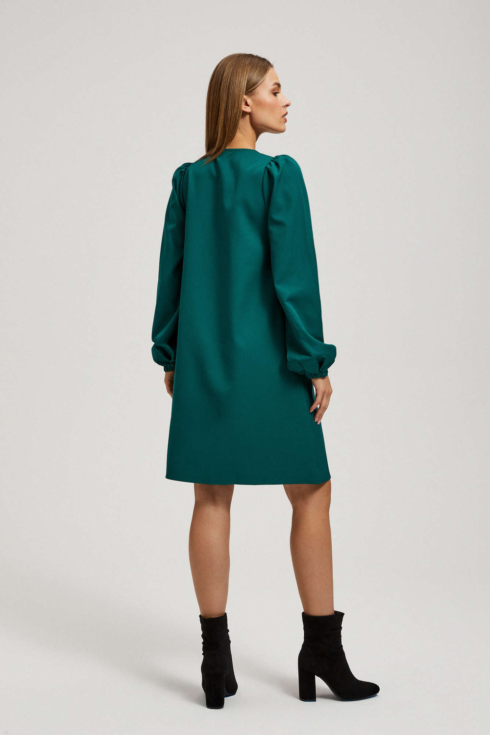 Marisse Emerald Dress With Puffed Sleeves And Decorative Buttons