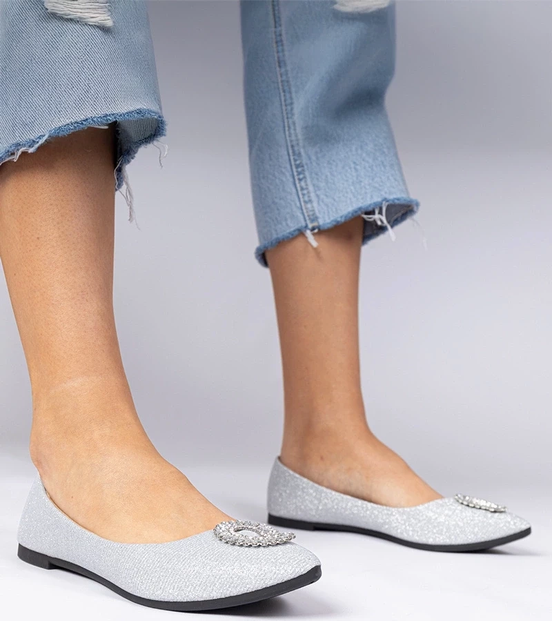 marka niezdefiniowana Silver glitter ballet flats with rhinestones Ellada
