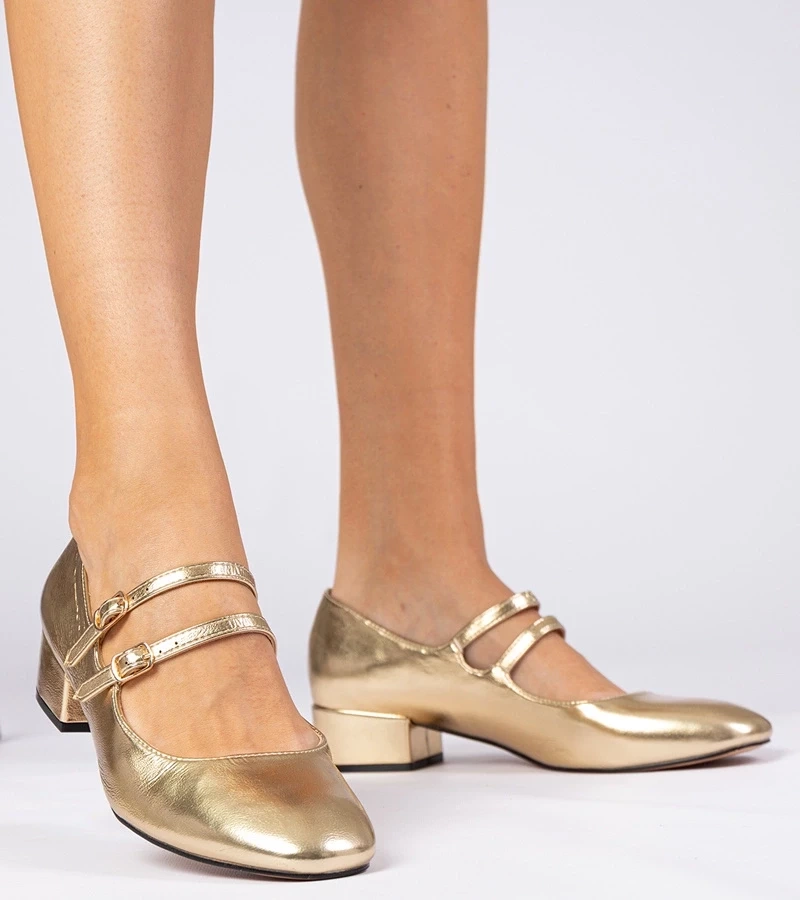 marka niezdefiniowana Gold women's block-heeled pumps with buckles Demara