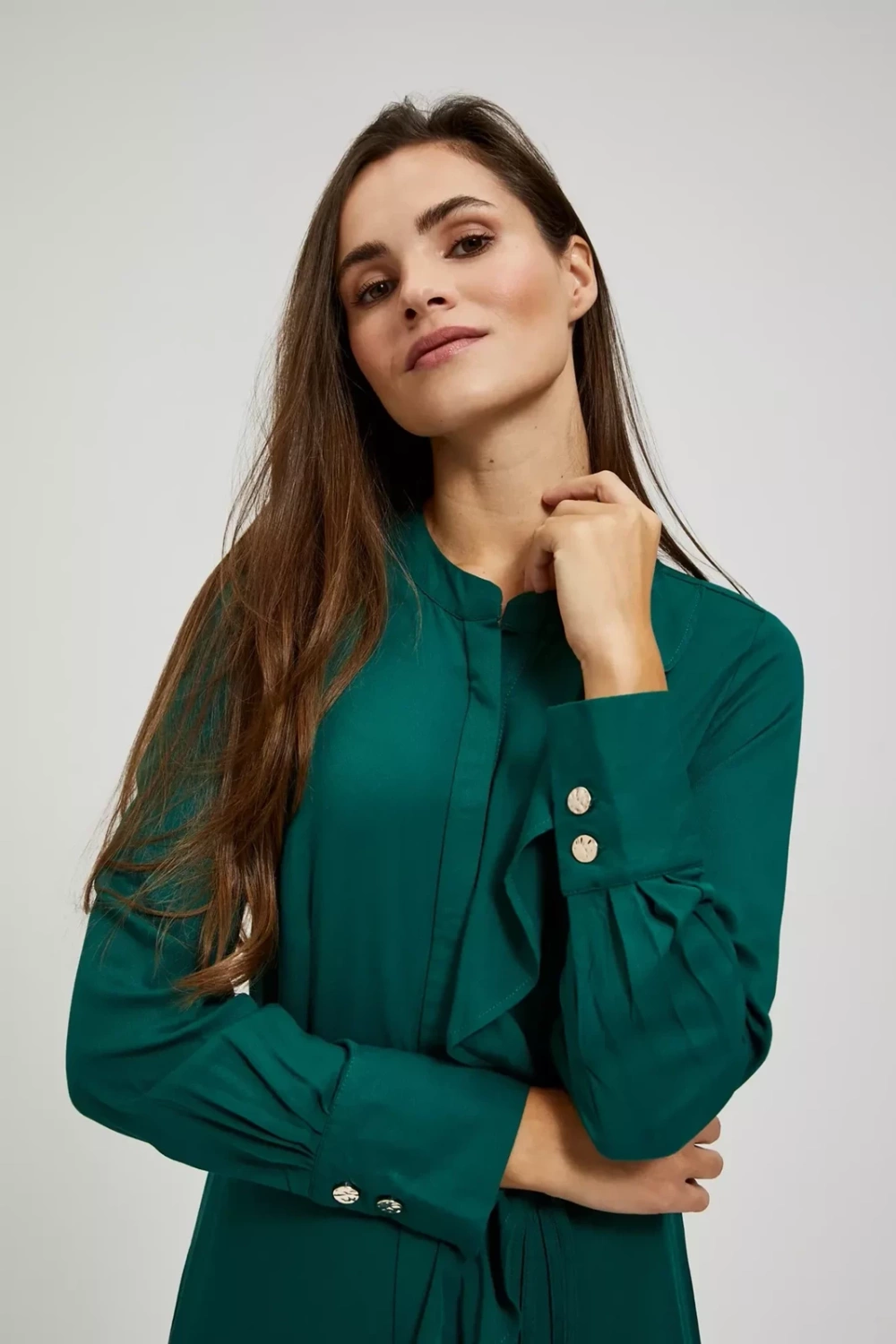 Marisse Emerald Midi Dress With Ruffles