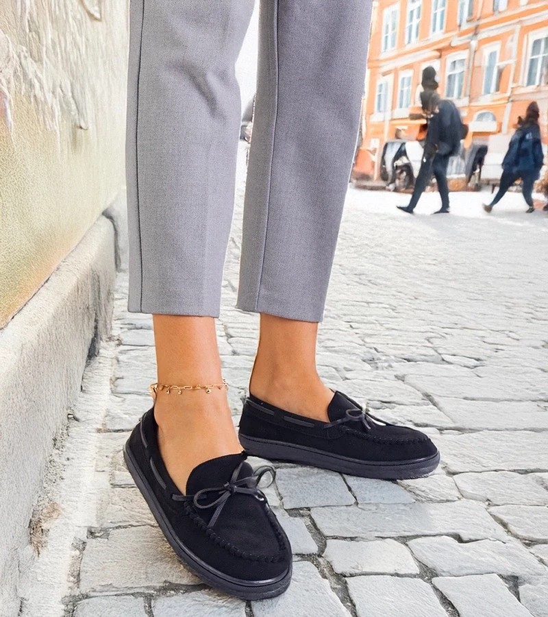 Gemre Mocasini negri de damă din piele ecologică întoarsă cu fundiță Sarina