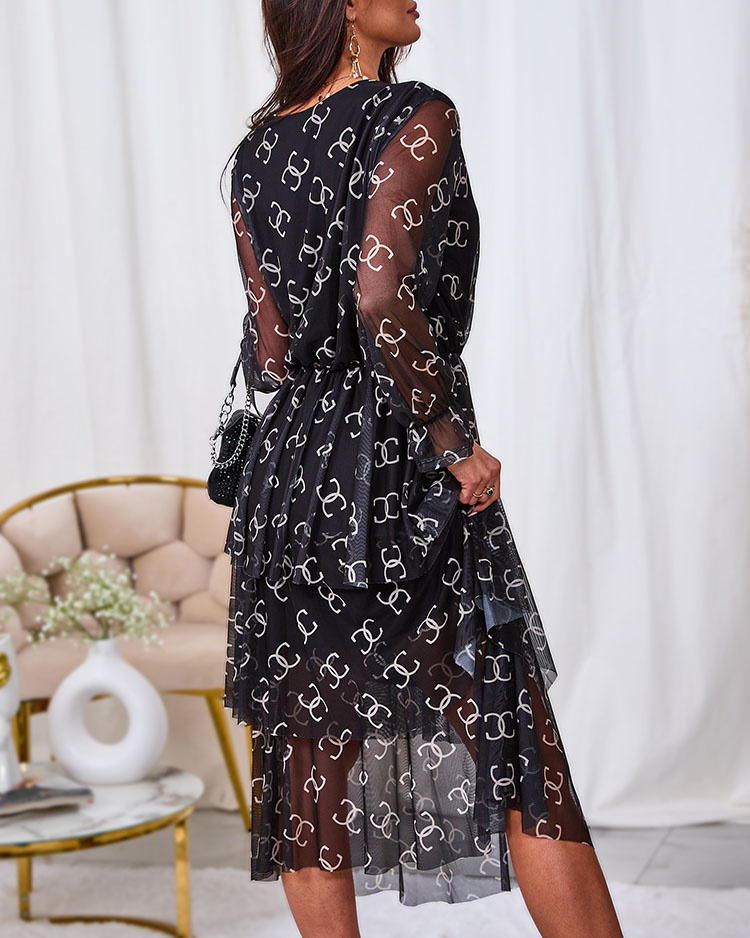Resti Black mesh midi dress with print