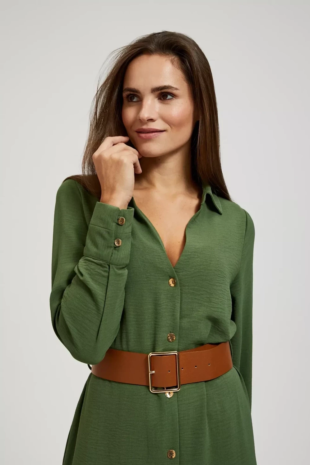Marisse Khaki Midi Dress With Wide Belt