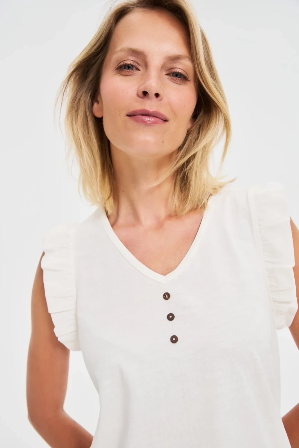 Marisse White Blouse With Ruffles On The Shoulders