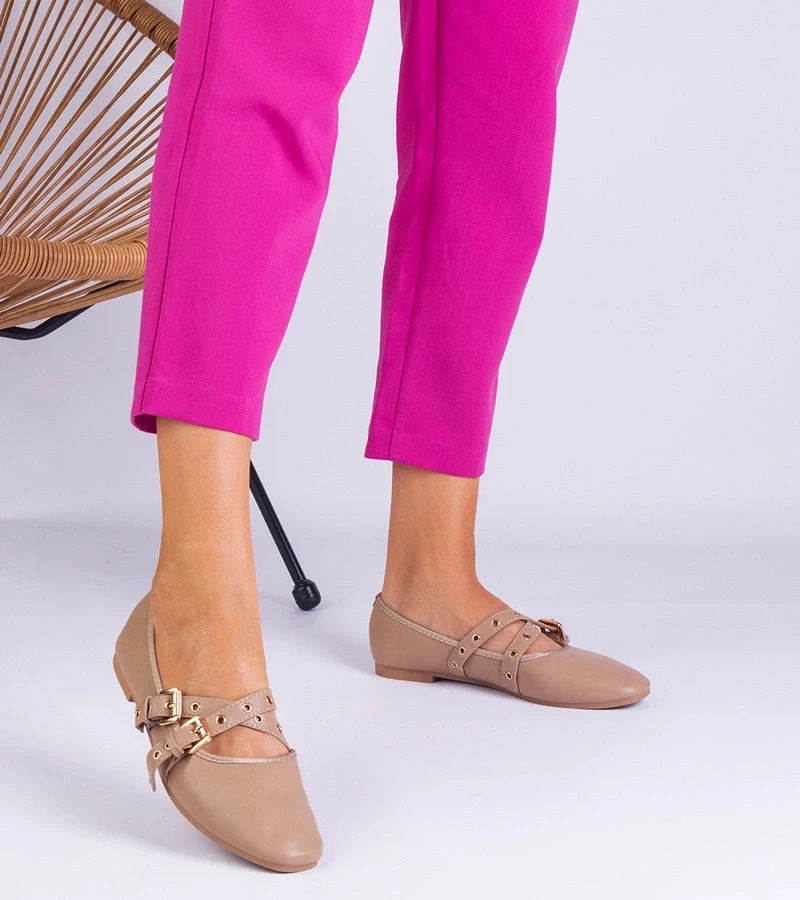 marka niezdefiniowana Beige eco-leather ballet flats decorated with buckles Emmarino