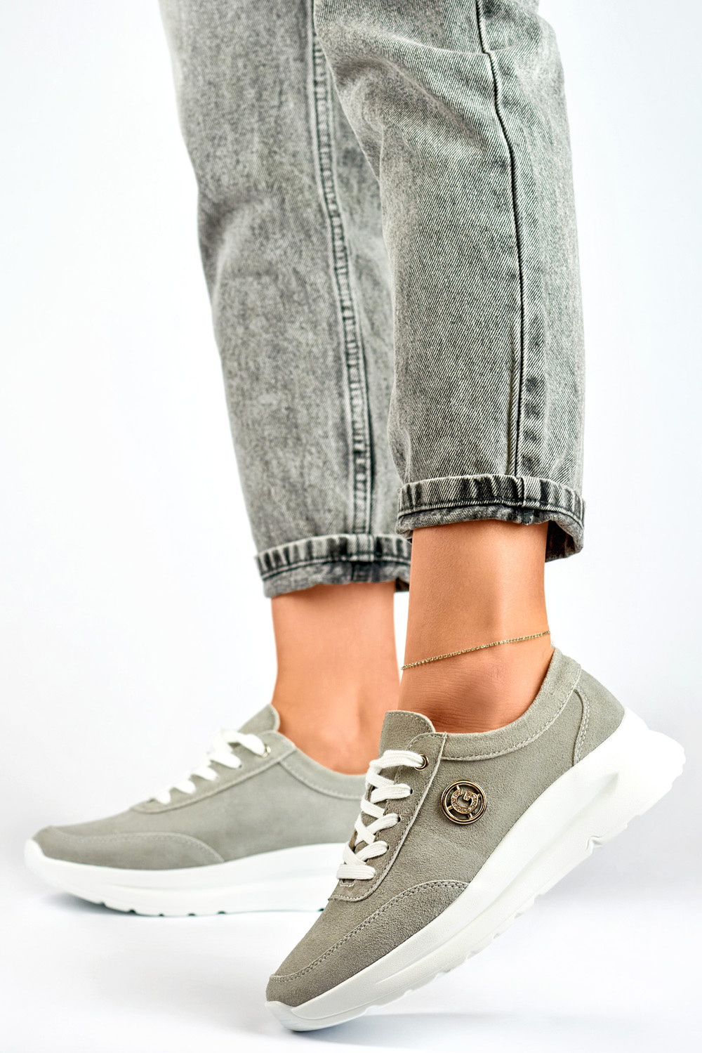 primohurt Sneakersy damskie ze skóry naturalnej w kolorze szarym