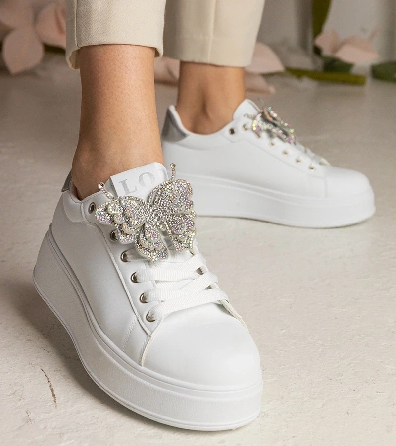 Gemre Adidași alb-argintii decorați cu fluturaș cu zirconii Kariba