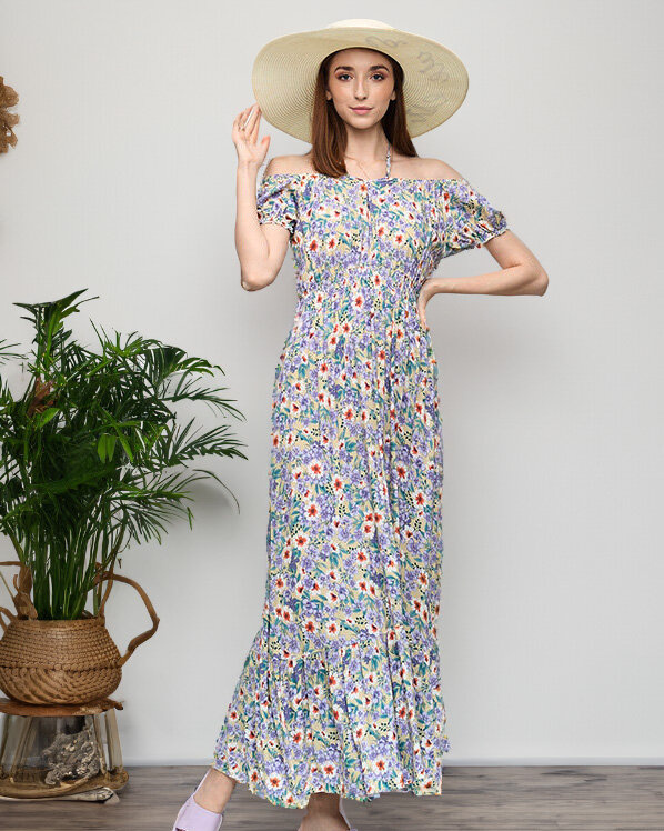 Resti Long summer green dress for women with purple flowers - Clothing