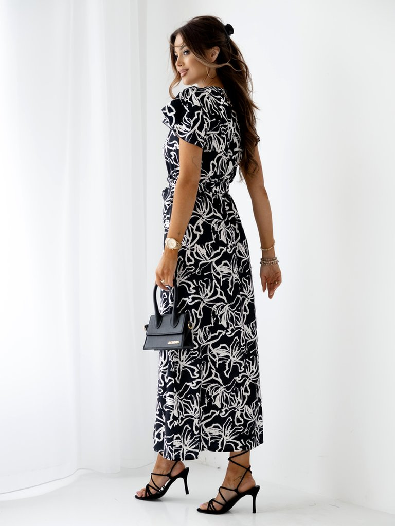 Resti Patterned women's midi dress with short sleeves, wrap neckline, and belt