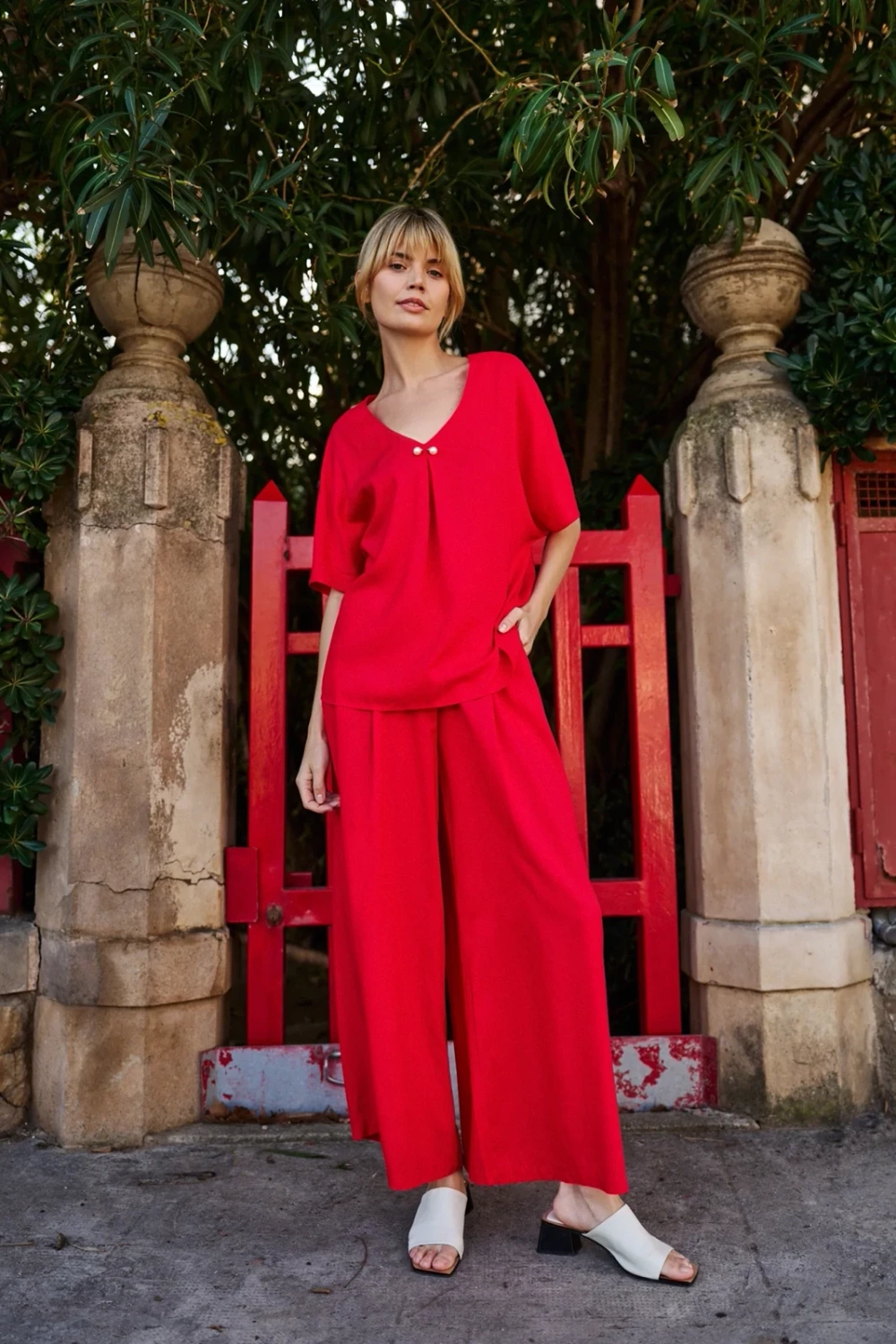 Marisse Red Viscose Wide-Leg Trousers