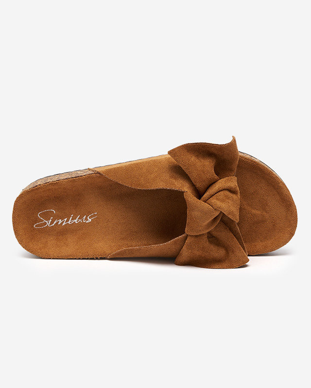 Dámske eko-semišové šľapky s mašľou v camel farbe